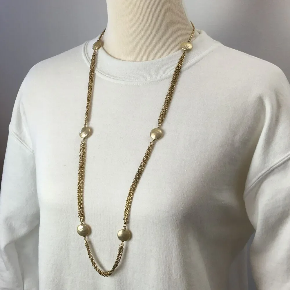 Anne Klein Vintage AK Faux Button Pearl Gold Tone Chain 36in Rope Necklace
